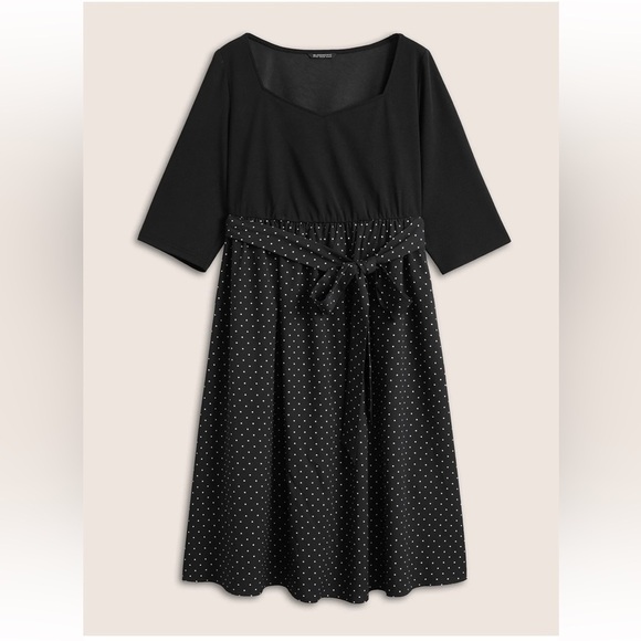 BloomChic Plus Size 2XL Polka Dot Patchwork Belted Square Neck Dress - Picture 6 of 8